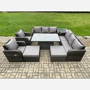 Fimous Rattan Outdoor Garden Furniture Sets Height Adjustable Rising lifting Dining Table Reclining Chair Sofa Set with Side Tables 2 Big Footstools Dark Grey Mixed