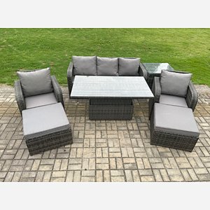 Fimous Outdoor Rattan Furniture Garden Dining Sets Height Adjustable Rising lifting Table Sofa Set With Chairs Side Tables 2 Big Footstools