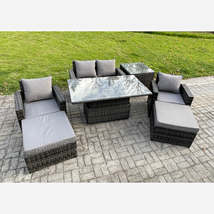 Fimous High Back Rattan Garden Furniture Sofa Sets with Height Adjustable Rising Lifting Table Side Table 2 Big Footstool Dark Grey Mixed