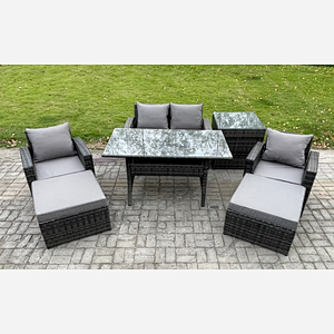 Fimous Outdoor Lounge Sofa Garden Furniture Set Rattan Rectangular Dining Table with Double Seat Sofa Armchair 2 Big Footstool Side Table 6 Seater Dark Grey Mixed