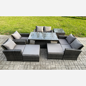 Fimous Outdoor Garden Furniture Sets 8 Pieces Wicker Rattan Furniture Sofa Dining Table Set with 2 Big Footstool Side Table Dark Grey Mixed