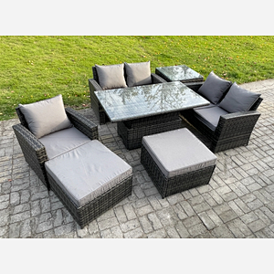 Fimous 7 Seater Outdoor Rattan Patio Furniture Set Garden Height Adjustable Rising Lifting Table Sofa Dining Sofa Set with Side Table 2 Big Footstool Dark Grey Mixed