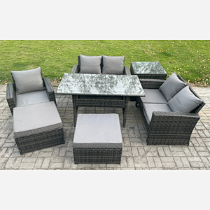 Fimous Outdoor Garden Dining Set Wicker PE Rattan Furniture Sofa with Rectangular Dining Table Double Seat Sofa Side Table 2 Big Footstool Dark Grey Mixed