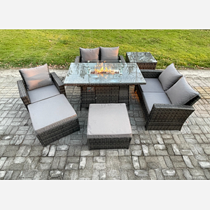Fimous 7 Seater Rattan Outdoor Garden Furniture Gas Fire Pit Table Sets Gas Heater with Love Sofa Armchair 2 Big Footstool Side Table Dark Mixed Grey