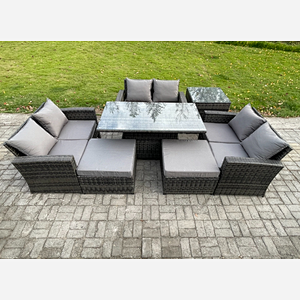 Fimous Wicker PE Rattan Garden Furniture Set Height Adjustable Rising Lifting Table Sofa Dining Set with Double Seat Sofa 2 Big Footstool Side Table Dark Grey Mixed