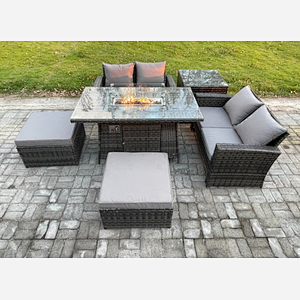 Fimous 6 Seater Rattan Garden Furniture Set Outdoor Lounge Sofa Chair Gas Fire Pit Dining Table Set With 2 Big Footstool Double Seat Sofa Side Table