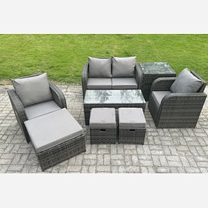 Fimous 7 Seater Rattan Lounge Sofa Set Outdoor Garden Furniture Set with Rectangular Coffee Table Love Sofa Side Table 3 Footstools Dark Grey Mixed