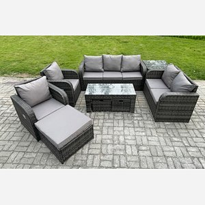 Fimous 10 Seater Outdoor Rattan Garden Furniture Set Rattan Lounge Sofa Set with Rectangular Coffee Table Side Table 3 Footstools Dark Grey Mixed