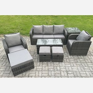Fimous 8 Seater Rattan Garden Furniture Set with Rectangular Coffee Table Side Table 3 Footstools Patio Outdoor Lounge Sofa Set