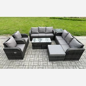 Fimous 11 Seater Wicker PE Rattan Sofa Set Outdoor Patio Garden Furniture with 2 Reclining Chairs Coffee Table Side Table 3 Footstools Dark Grey Mixed