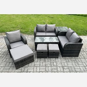 Fimous 8 Seater Rattan Outdoor Garden Furniture Sofa Set Patio Table & Chairs Set with Side Table 3 Footstools Dark Grey Mixed