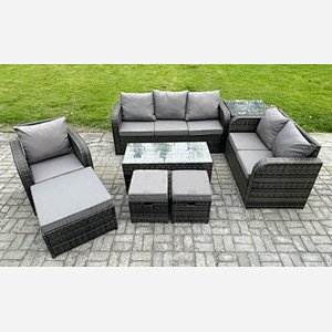 Fimous 9 Seater High Back Rattan Garden Furniture Set with Loveseat Sofa Rectangular Coffee Table Side Table 3 Footstools Indoor Outdoor Patio Lounge Sofa Set Dark Grey Mixed