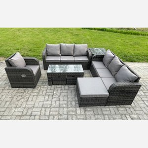 Fimous 10 Seater Outdoor Lounge Sofa Set Rattan Garden Furniture Set with Rectangular Coffee Table 3 Footstools 3 Seater Sofa Side Table Dark Grey Mixed