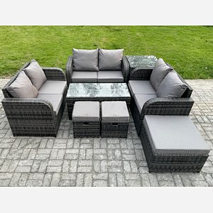 Fimous Outdoor Garden Furniture Sets 8 Pieces Wicker Rattan Furniture Sofa Sets with Rectangular Coffee Table Love seat Sofa 3 Footstools Side Table