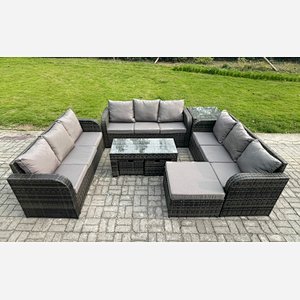 Fimous 12 Seater Rattan Garden Furniture Set Indoor Outdoor Patio Sofa Set with Coffee Table 3 Footstools Side Table Dark Grey Mixed