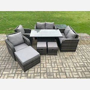 Fimous PE Rattan Garden Furniture Set Height Adjustable Rising lifting Dining Table Chair Love Sofa With Side Table 3 Footstools