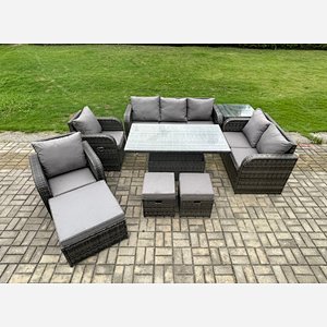 Fimous Wicker PE Rattan Outdoor Garden Furniture Sets Height Adjustable Rising lifting Dining Table Reclining Chair Sofa Set with Side Table 3 Footstools Dark Grey Mixed