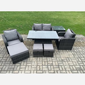 Fimous Wicker PE Rattan Furniture Garden Dining Set Outdoor Height Adjustable Rising lifting Table Love Sofa Chair With Side Table 3 Stools
