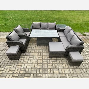 Fimous Wicker PE Rattan Outdoor Garden Furniture Sets Height Adjustable Rising lifting DiningTable Sofa Set with Reclining Chair Side Table 3 Footstools Dark Grey Mixed