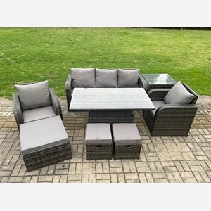 Fimous Outdoor Rattan Furniture Sofa Garden Dining Sets Height Adjustable Rising lifting Table and Chair Set With  Side Table 3 Footstools