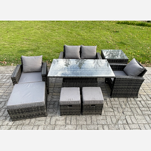 Fimous High Back Rattan Garden Furniture Sofa Sets with Height Adjustable Rising Lifting Table Side Table 3 Footstools Dark Grey Mixed