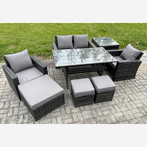 Fimous 7 Seater PE Wicker Outdoor Garden Furniture Set Patio Furniture Rattan Rectangular Dining Table Lounge Sofa with 3 Footstools Side Table