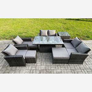 Fimous Outdoor Garden Furniture Sets 9 Pieces Wicker Rattan Furniture Sofa Dining Table Set with 3 Footstools Side Table Dark Grey Mixed