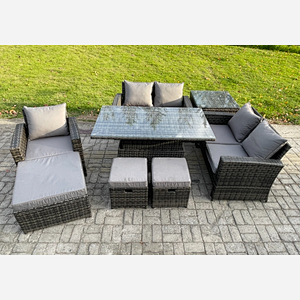 Fimous Outdoor Rattan Patio Furniture Set Garden Lounge Sofa Set with Rising Lifting Table Side Table 3 Footstools Dark Grey Mixed