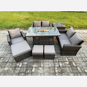 Fimous 8 Seater Rattan Outdoor Garden Furniture Gas Fire Pit Table Sets Gas Heater with Love Sofa Armchair 3 Footstools Side Table Dark Mixed Grey
