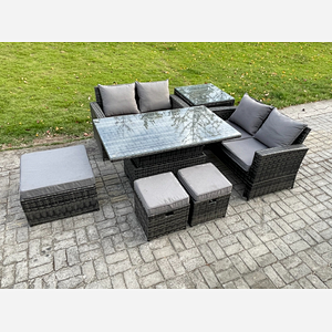 Fimous 7 Seater Wicker Rattan Garden Furniture Rising Table Set with Side Table 3 Footstool Double Seat Sofa Side Table Dark Grey Mixed