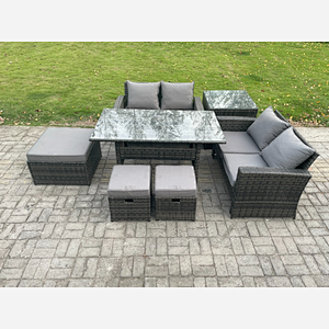 Fimous 7 Seater High Back  Outdoor Garden Furniture Rattan Sofa Dining Table Set with 3 Footstools Side Table Dark Grey Mixed