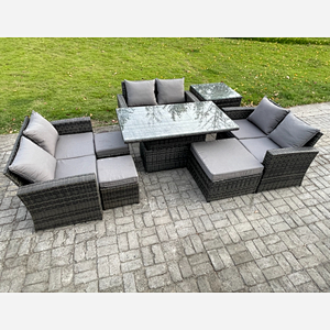 Fimous Wicker PE Rattan Garden Furniture Set Height Adjustable Rising Lifting Table Sofa Dining Set with Double Seat Sofa 3 Footstools Side Table Dark Grey Mixed