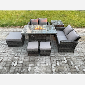 Fimous 7 Seater Rattan Garden Furniture Set Outdoor Lounge Sofa Chair Gas Fire Pit Dining Table Set With 3 Footstools Double Seat Sofa Side Table