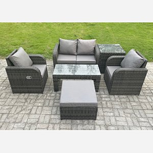 Fimous Rattan Lounge Sofa Set Outdoor Garden Furniture Set with Rectangular Coffee Table Big Footstool Love Sofa Side Table Dark Grey Mixed