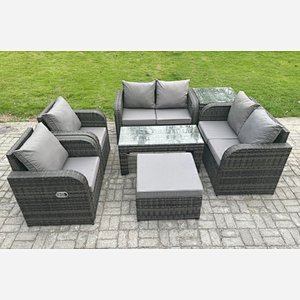 Fimous Rattan Garden Furniture Set with Rectangular Coffee Table Side Table Big Footstool 7 Seater Patio Outdoor Lounge Sofa Set
