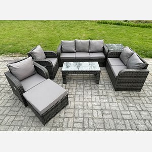 Fimous 8 Seater Outdoor Rattan Garden Furniture Set Patio Lounge Sofa Set with Rectangular Coffee Table Big Footstool Side Table Dark Grey Mixed