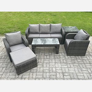 Fimous Wicker PE Rattan Garden Furniture Set Outdoor Lounge Sofa Set with Reclining Chair Coffee Table Side Table Big Footstool Dark Grey Mixed