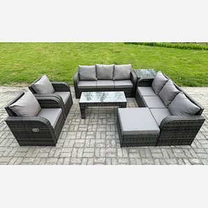 Fimous Wicker PE Rattan Sofa Set Outdoor Patio Garden Furniture with Reclining Chair Coffee Table Side Table Big Footstool Dark Grey Mixed