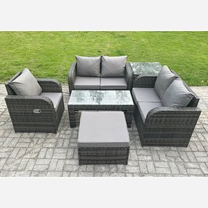 Fimous 6 PCS Garden Furniture set Rattan Outdoor Lounge Sofa Table Chair With Tempered Glass Table Dark Grey Mixed