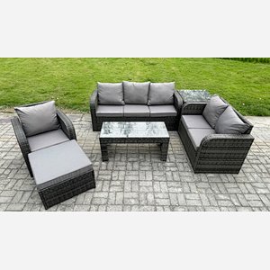 Fimous 7 Seater Outdoor Rattan Garden Furniture Set Rattan Lounge Sofa Set with Rectangular Coffee Table Reclining Chair Big Footstool Side Table Dark Grey Mixed