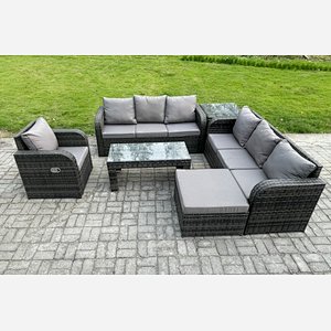 Fimous 8 Seater Wicker PE Rattan Sofa Set Outdoor Patio Garden Furniture Set with Side Table Reclining Chairs Coffee Table Big Footstool Dark Grey Mixed