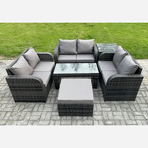 Fimous Rattan Garden Furniture Set 7 Seater Indoor Outdoor Patio Sofa Set with Coffee Table Loveseat Sofa Big Footstool Side Table Dark Grey Mixed