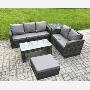 Fimous Outdoor Rattan Garden Furniture Set Patio Lounge Sofa Set with Rectangular Coffee Table Side Table Big Footstool Dark Grey Mixed
