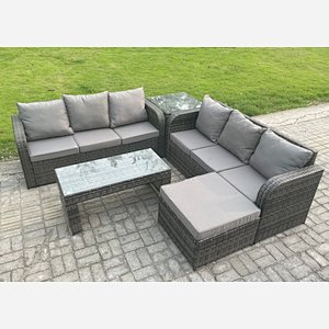 Fimous Outdoor Lounge Sofa Set Rattan Garden Furniture Set with Rectangular Coffee Table Big Footstool 3 Seater Sofa Side Table Dark Grey Mixed