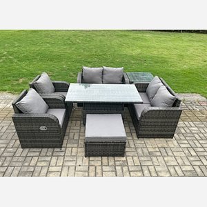 Fimous Rattan Furniture Outdoor Garden Dining Set Patio Height Adjustable Rising lifting Table Love Sofa Chair With Side Table Big Footstool