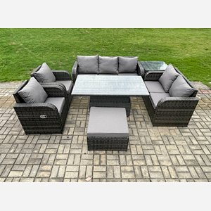 Fimous Rattan Outdoor Garden Furniture Sets Height Adjustable Rising lifting Dining Table Reclining Chair Sofa Set with Side Table Big Footstool Dark Grey Mixed