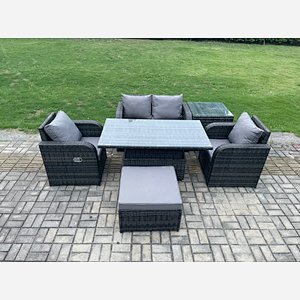Fimous PE Rattan Outdoor Garden Furniture Set Height Adjustable Rising lifting Dining Table Love Sofa With Side Table Chair Big Footstool