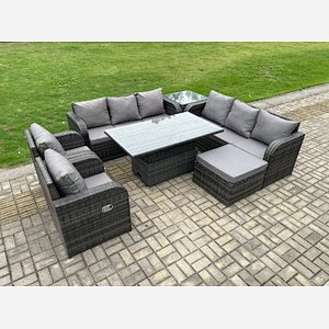 Fimous PE Rattan Outdoor Garden Furniture Sets Height Adjustable Rising lifting DiningTable Sofa Set with Reclining Chair Side Table Footstool Dark Grey Mixed