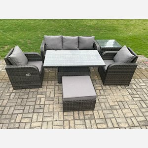 Fimous Wicker PE Rattan Outdoor Garden Furniture Set Height Adjustable Rising lifting Dining Table With Armchair Side Table Footstool