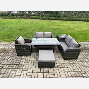 Fimous Lounge Rattan Sofa Set Outdoor Garden Furniture Oblong Rectangular Dining Table With Chairs Big Footstool Side Table Dark Grey Mixed